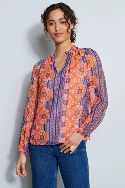 Elie Tahari Silk Crinkle Chiffon Bali Shirt Tops