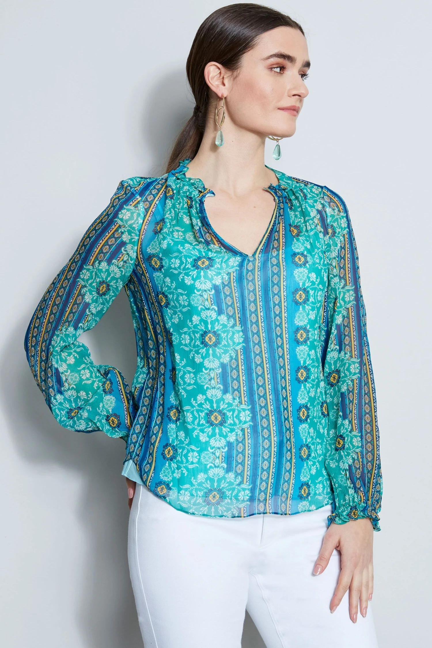Elie Tahari Silk Crinkle Chiffon Bali Shirt Tops 3 Elie Tahari Silk Crinkle Chiffon Bali Shirt Tops