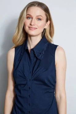 Elie Tahari Embroidered Ruched Shirt Tops