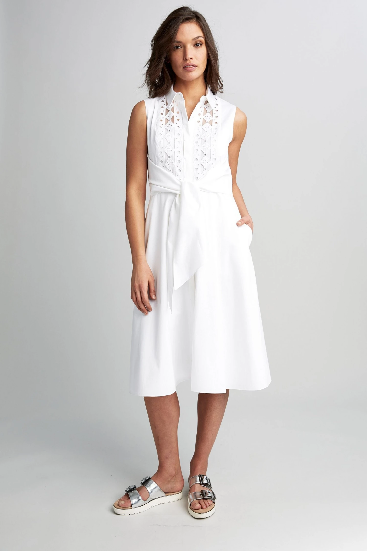 E4044601_POPLINSLTIEDRESS_WHITE_1HERO_001.jpg Elie Tahari Poplin Sleeveless Tie Dress Dresses & Jumpsuits