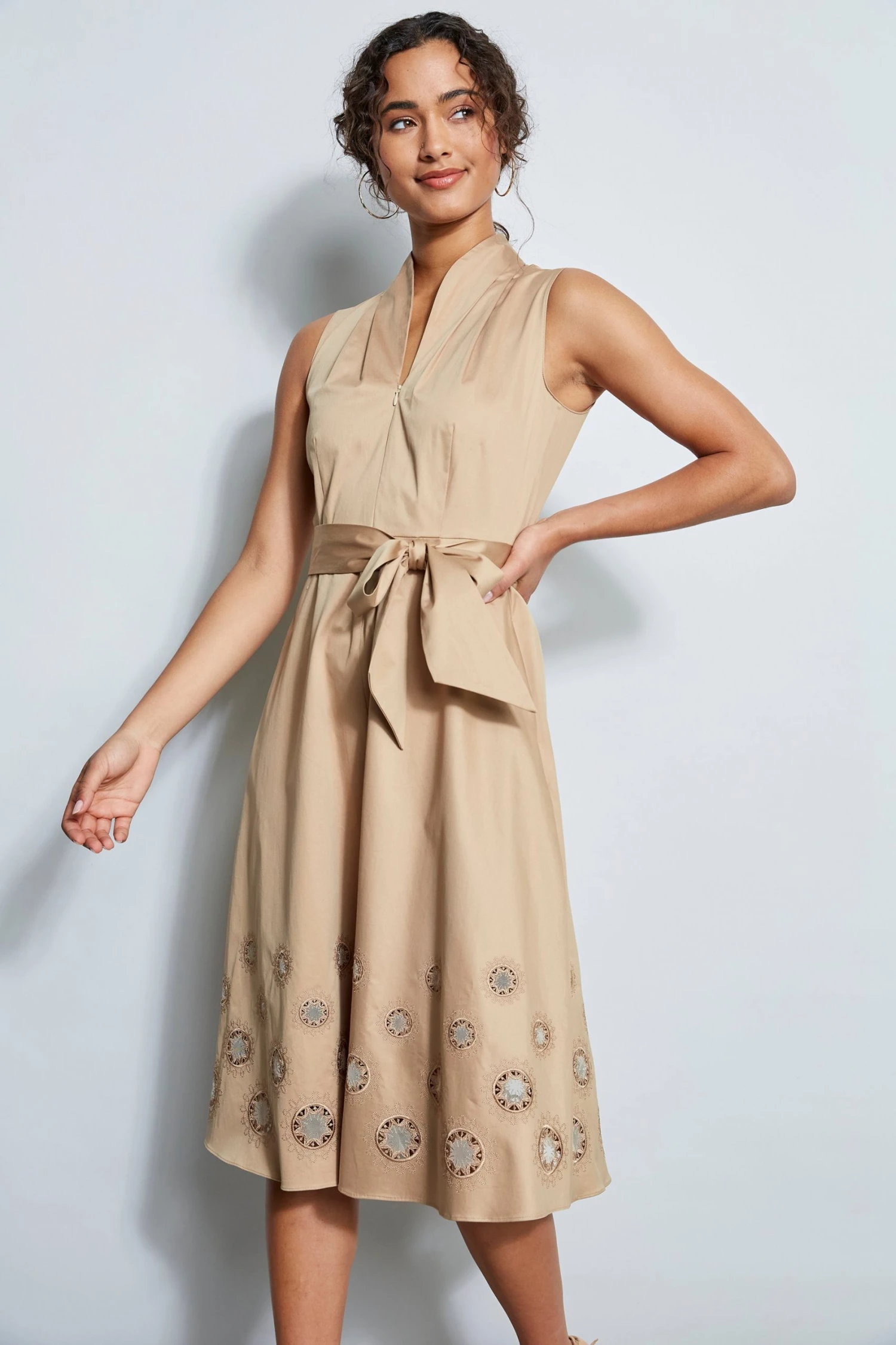 E4044602_EmbroideredHemCottonMidiDress_RATTAN_2FRONT_1786.jpg Elie Tahari Dress Musings Embroidered Hem Cotton Midi Dress