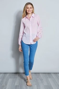 Elie Tahari Crinkle Cotton Embroidered Shirt Summer Delicious Pastels