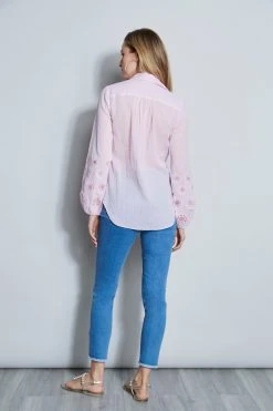 Elie Tahari Crinkle Cotton Embroidered Shirt Summer Delicious Pastels