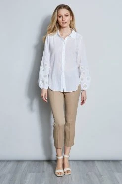 Elie Tahari Crinkle Cotton Embroidered Shirt