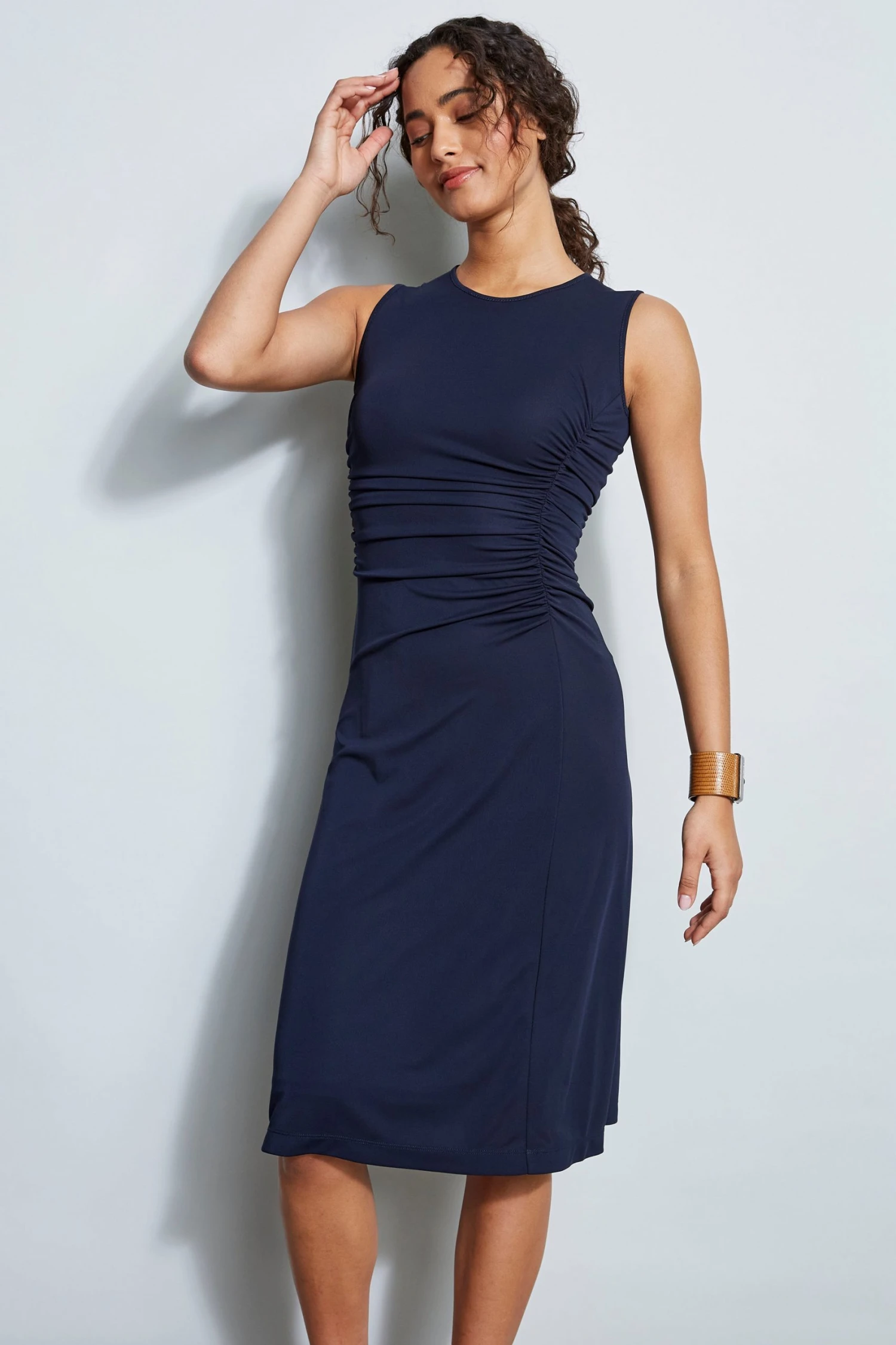 E509U602_COTTONMIDIDRESS_STARGAZER_2FRONT_1482.jpg Elie Tahari Ruched Midi Dress Dress Musings