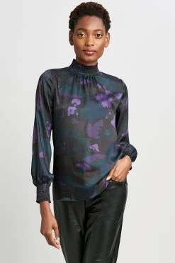 Elie Tahari Smocked Print Shirt Tops