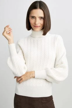 Republic Cashmere Cable Turtle Neck Long Blouson Sleeve Sweater