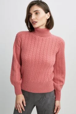 Republic Cashmere Cable Turtle Neck Long Blouson Sleeve Sweater