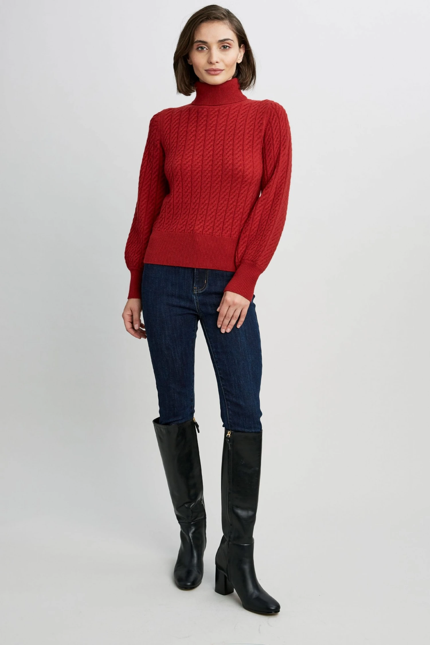 Republic Cashmere Cable Turtle Neck Long Blouson Sleeve Sweater 4 Republic Cashmere Cable Turtle Neck Long Blouson Sleeve Sweater